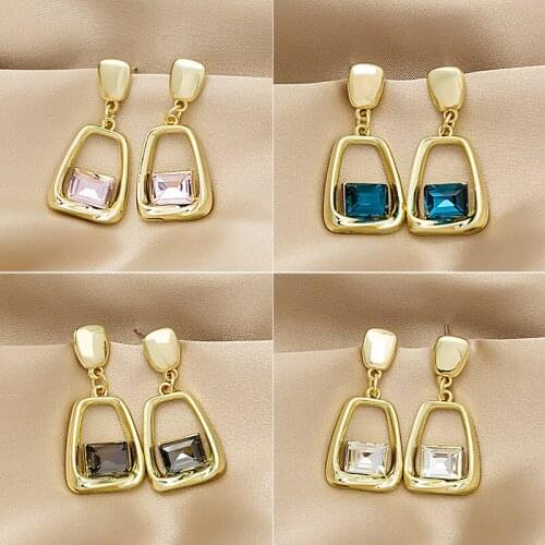 New Metal Geometric Square Crystal Earrings Japanese And Korean Simple High-end Design Earrings Net Red Earrings