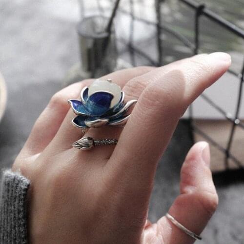 Natural Hetian jade enamel porcelain lotus canopy open ring Chinese retro designer style original design silver jewelry