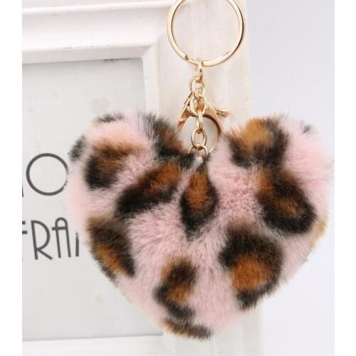 Plush Rex Rabbit Fur Heart Pom-Pom Keychain - Cute Bag Purse Charm - Ring Fluffy Fur Ball - Fashion Gift (Leopard)