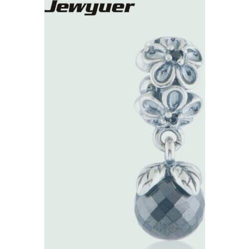 Black Viola Bloom Dangle Charms 925 Sterling Silver Fits European style Bracelets Bangles DIY Making Jewelry DA048