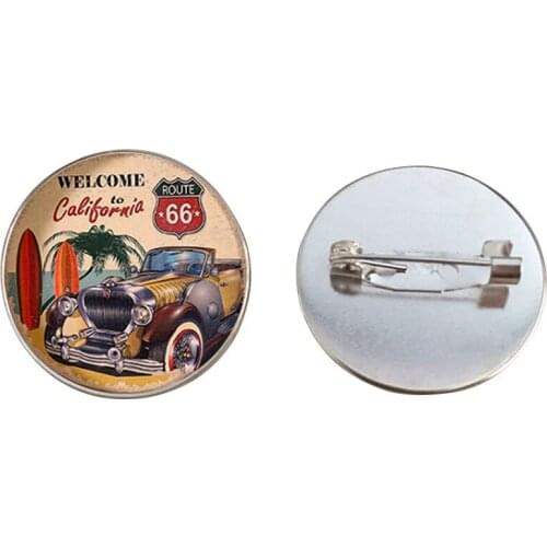 SUTEYI Fashion Handmade Brooches Glass Cabochon Pins Signs USA ROUTE 66 Restaurant Coffee Art Pattern Brooch For Men Jewelry