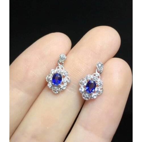 Retro Hollow geometry natural blue sapphire drop earrings Natural gem stone earrings 925 silver female party earrings jewelry