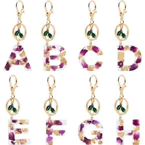 1PcNew Fashion English Resin Letter Keychain Flower Purple Rose Petal Gold Foil Filling Pendant Keyring Handbag Charms For Women