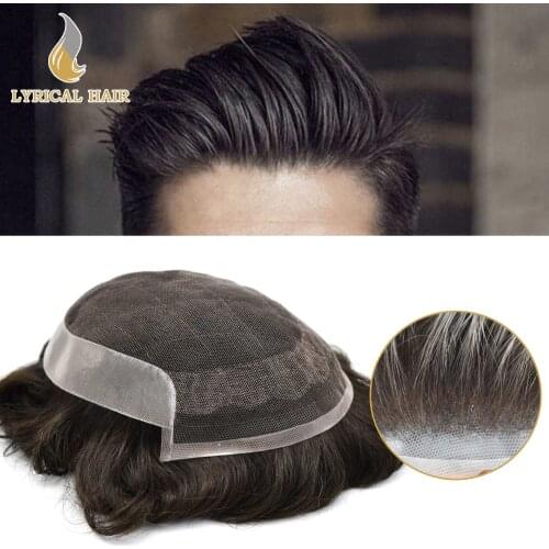 1B# Natural Black Mens Toupee French Lace Front Hair System Poly Human Hairpiece Transparent Lace Replacement for Men All Sizes