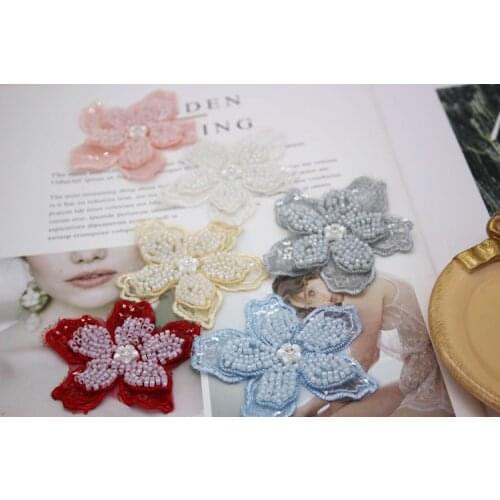5pcs Flower Sequined Pearl Lace Patches Applique For Bridal Wedding dress Diy Sewing On Decoration Accessories patch