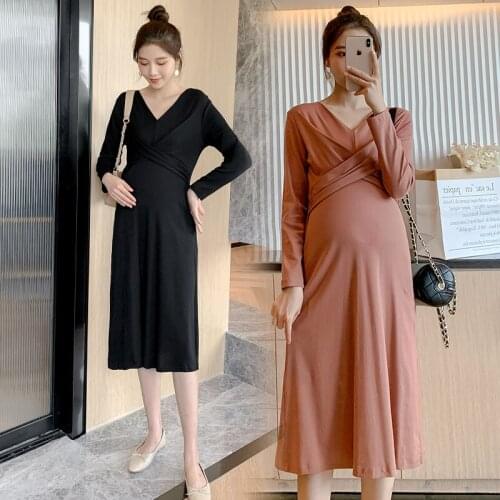 9190# Maternity Clothes Spring Autumn Cotton Long Sleeve Loose Stylish Dress for Pregnant Women Mid-Long Mom Dress