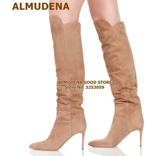 ALMUDENA Nude Black Suede Thigh Boots Stiletto Heels Slip-on Over-the-knee Long Boots Women Fall Winter Dress Shoes Pumps Size46