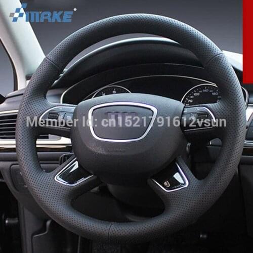 For Audi A6L 2015 High Quality Hand-stitched Anti-Slip Black Leather Black Thread DIY Steering Wheel Cover