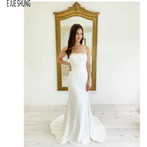 EJUE SHUNG Modest Boho Mermaid Wedding Dresses 2020 Simple Strapless Lace Up Back Wedding Gowns Vestido De Novia Bridal Dresses