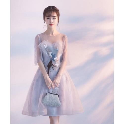 Elegant Phoenix Bird Pattern Embroidery Evening Dress Short &Tea Length O Neck Tulle Robe Grey&Pink Applique Bridesmaid Dresses