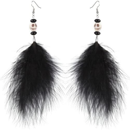 Halloween Overlong Ostrich Feather Tassel Howlite Stone Skull Earrings for Women All Saints' Day Jewelry Gifts Wholesale