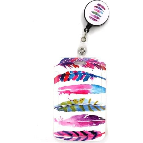 Colorful Feathers Leaves Cartoon Retractable Badge Reel Lanyard Nurse ID Business Credit Card Work Card Badge Holder Office