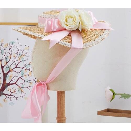 Sweet Lolita Straw Hats Medieval Vintage Floral Silk Ribbon Tea Party Women Caps Cosplay Accessories Prairie Chic Lace Flat Hat