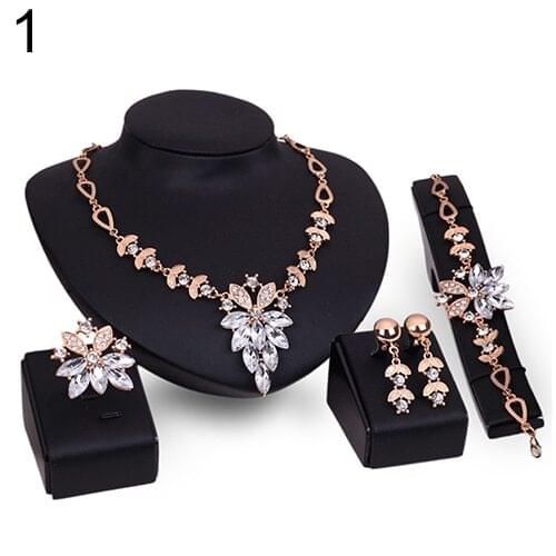 Fashion Womens Wedding Bracelet Necklace Jewelry Set Clear Crystal Statement Ring Earrings
