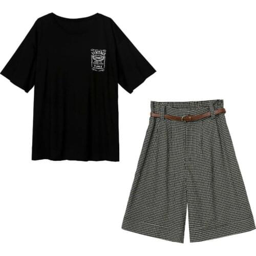 2020 summer new womens plus size loose casual two-piece suit female foreign cotton and linen plaid wide-leg shorts suit j3