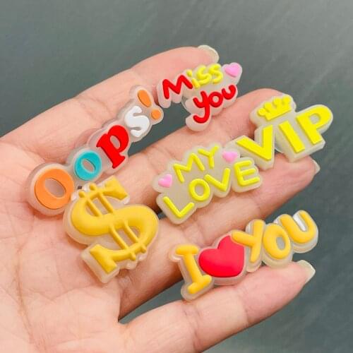 Wholesale 50Pcs Miss You Lovely Words Symbol PVC Shoe Charms Noctilucent Shoe Accessories DIY Backpack Wristband Croc Jibz