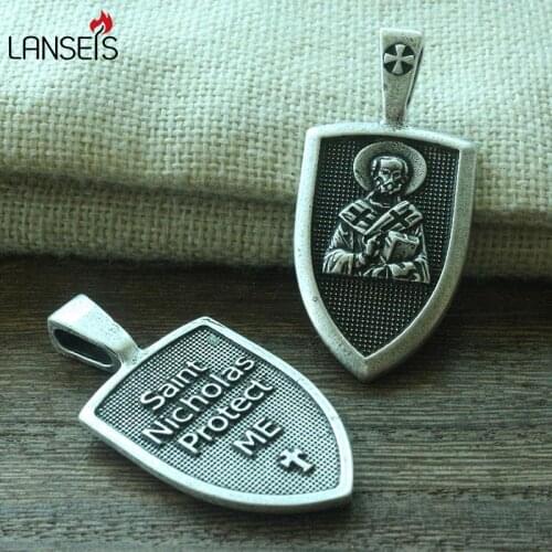 Lanseis 1pcs men necklace Saint Saint Nicholas me Protect family Shield Protection cross medal pendant saint talisman jewelry