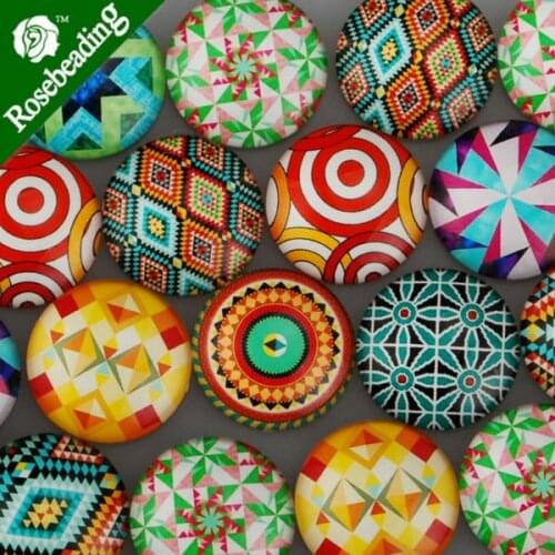 25MM Round pattern glass cabochons with mixed kaleidoscope,flat back,thickness 6.5mm,20pcs/lot-C4739