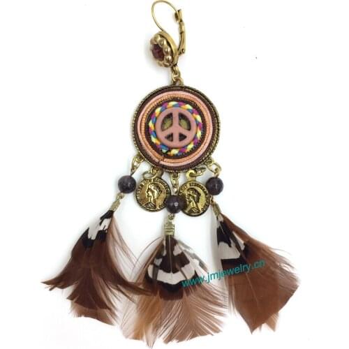 Wholesale handmade Ethnic jewellery vintage dangle feather earrings with tassel summer style nickel free earrings