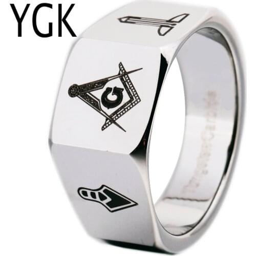 YGK Brand 12MM Mens Faced Tungsten Carbide Ring Mason Freemason Masonic Design for Man and Womans Wedding