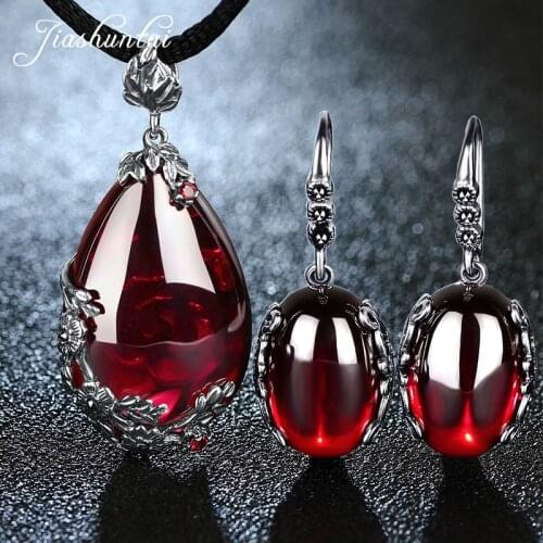 JIASHUNTAI Retro 100% 925 Sterling Silver Jewelry Sets Vintage Pendant Necklac Drop Earrings For Women Natural Stone