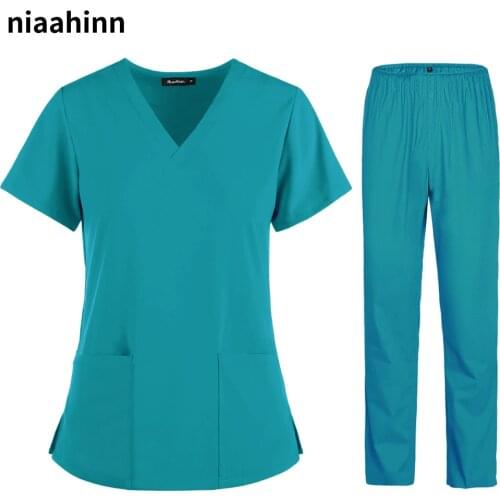 Nurse Uniforms Women for Summer Short Sleeve V-neck Tops Working Uniform Pocket Blouse Overalls Veterinary Nurse Uniforms Clinic