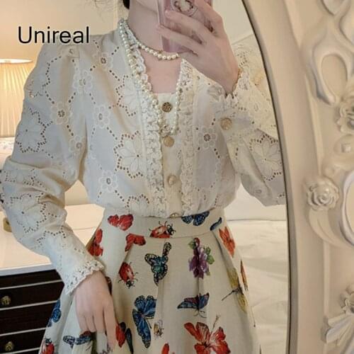Unireal 2021 Summer Women Embroidery Blouse Shirt Vintage Long Sleeve Lace Crochet Female Blouse Tops