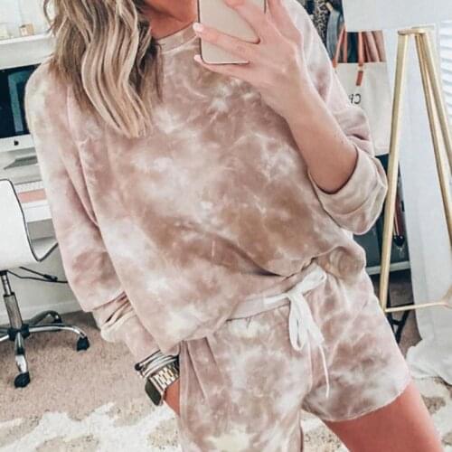 Womens Casual Two Piece Set Outfits Tie Dye Print Crewneck Loose Sweatshirt + Drawstring Short Pants Set Loungewear Home
