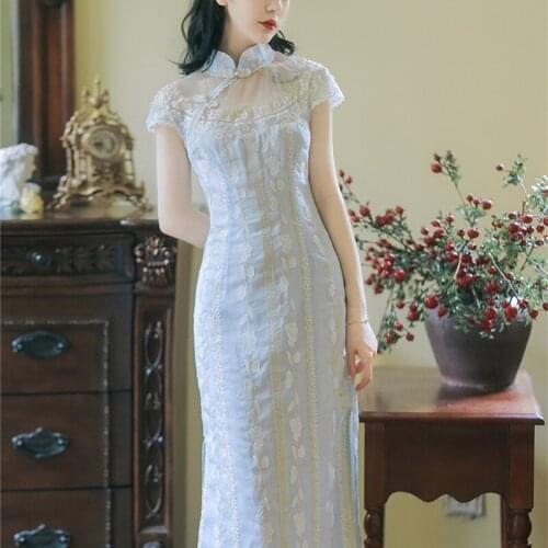 Womens Young Elegant Cheongsam Improved Summer Retro Mesh Stitching Flower Embroidery Chic Robe Femme Dress