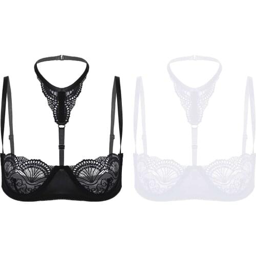Womens Lingerie Sexy Bra Tops Female See-Through Hollow Out Nipples Lace Bra Tops Underwired Unlined Brassiere Exotic Underwear