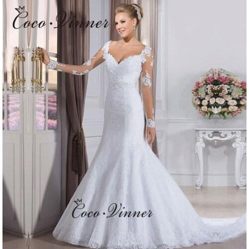 Long Sleeve Lace Appliques Vintage Mermaid Wedding dresses White Vestido De Novia Pearls beading Wedding dress W0031