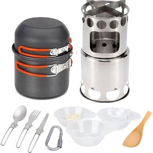 10Pcs Stainless Steel Camping Cookware Mess Kit Outdoor Tableware Folding Wood Stove Pot Pan Set Bowls Spoon Spork Cooking Set