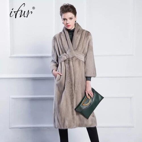 2017 Brand luxury women natural mink fur jacket long style with sashes elegant lady high quality Imported winter fur coat