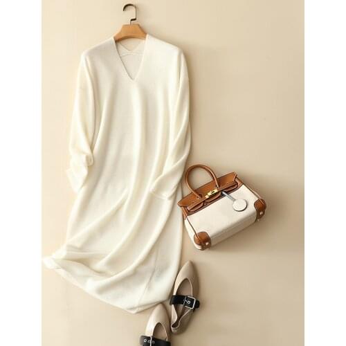 2021 europe stylish 100% cashmere v neck elegant sweater dress women