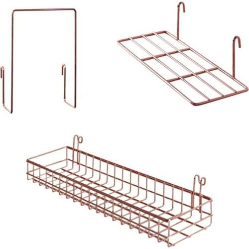 3 Pcs Rose Gold Grid Basket with Hooks Bookshelf Display Shelf for Wall Grid Panel Wall Mount Organizer and Storage Shelf Rack f