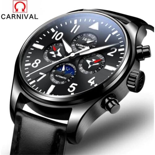 Carnival New Pilot Mens Automatic Self-Wind Wrist Watch Waterproof Date Top Luxury Brand Genuine Leather Male Mechanical Watches