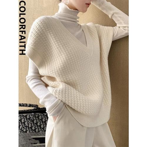 Colorfaith 2021 New Winter Spring Women Sweaters Pullovers Sleeveless Vest Waistcoat Vintage Oversize Wild Knitwear Tops SWV1158