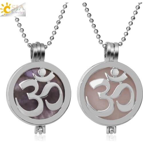 CSJA Natural Stone Yoga 3D Pendant Reiki Crystal Quartz AUM Hollow Locket Necklace for Women Men DIY Essential Oil Diffuser G310