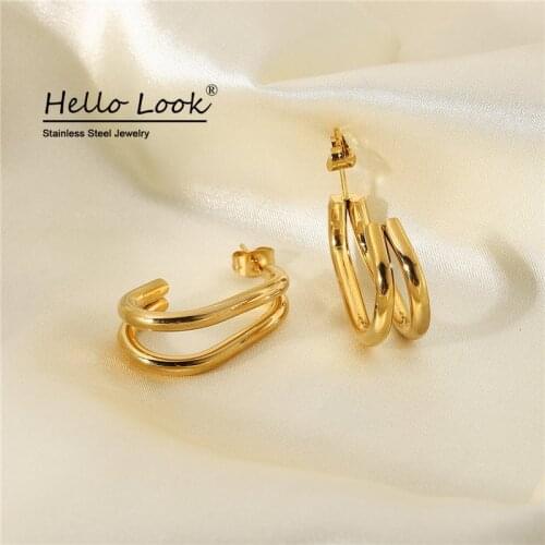 HelloLook Double C Shape Earrings for Women 316L Stainless Steel Earrings Unique Gold Hoop Earrings Jewelry Accessories