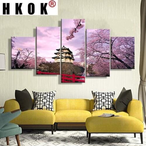 HKOK Pictures Vintage 5 Panel Cherry Blossom Japan Framework Paintings On Canvas Posters And Prints On The WallHome Decoration