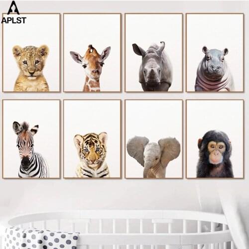 Safari Baby Elephant Zebra Lion Giraffe Prints Nursery Wall Art Posters Monkey Hippo Canvas Painting Kids Childs Room Picture