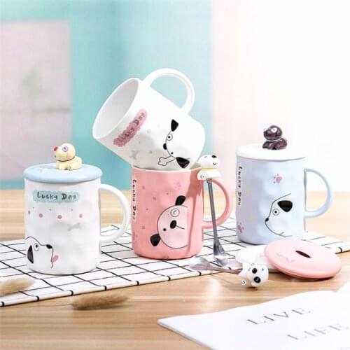 Ceramic Cute Cartoon 3D Embossed Dog Coffee Mug with Lid and Spoon Creative Couple Breakfast Milk Cup Porcelain Office Teacup