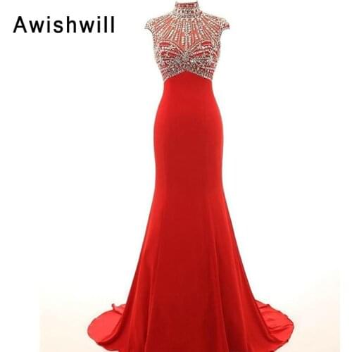 Red Long Party Dress High Neck Cap Sleeves Beaded Keyhole Back Mermaid Evening Dress Prom Gowns for Women Real Samples