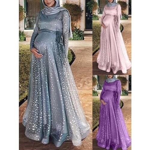 Muslim Floor-length Pregnant Dress Women Sequin Plus Size Maternity Long Pregnancy Dress Vestidos Big Swing A-line Long Dresses