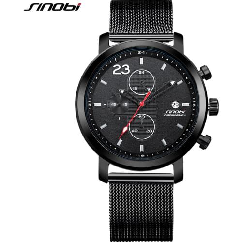 2018 New SINOBI DIY Strap Chronograph Mens Quartz Watch Calender Mesh Strap Fashion Casual relogio masculino White Dial Saat