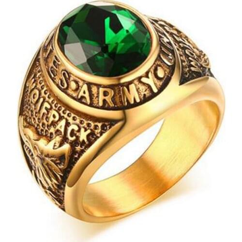 Men Quality Green Stone Ring Vintage Gold-Color Stainless Steel Ring Army Ring for Boys