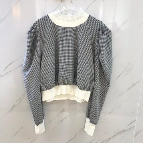 New women fashion 2021 long-sleeved sexy casual houndstooth puff sleeve top 0322
