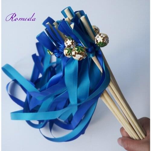 Newest 50pcs/lot Light Blue wedding ribbon stick with colorfull bell for wedding decoration