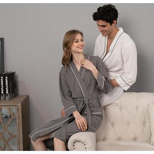 Couple Cotton Robe Bathrobe Sweat Women Nightgown Men Steaming Clothes Long Sleeve Soft Bath Robe Water-absorbing Home Clothes