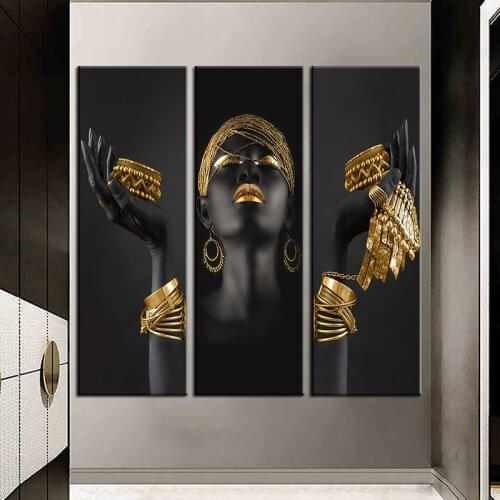 African Women Holding Golden Jewellery Canvas Painting Posters and Prints Wall Art Picture for Living Room Home Decor Cuadros